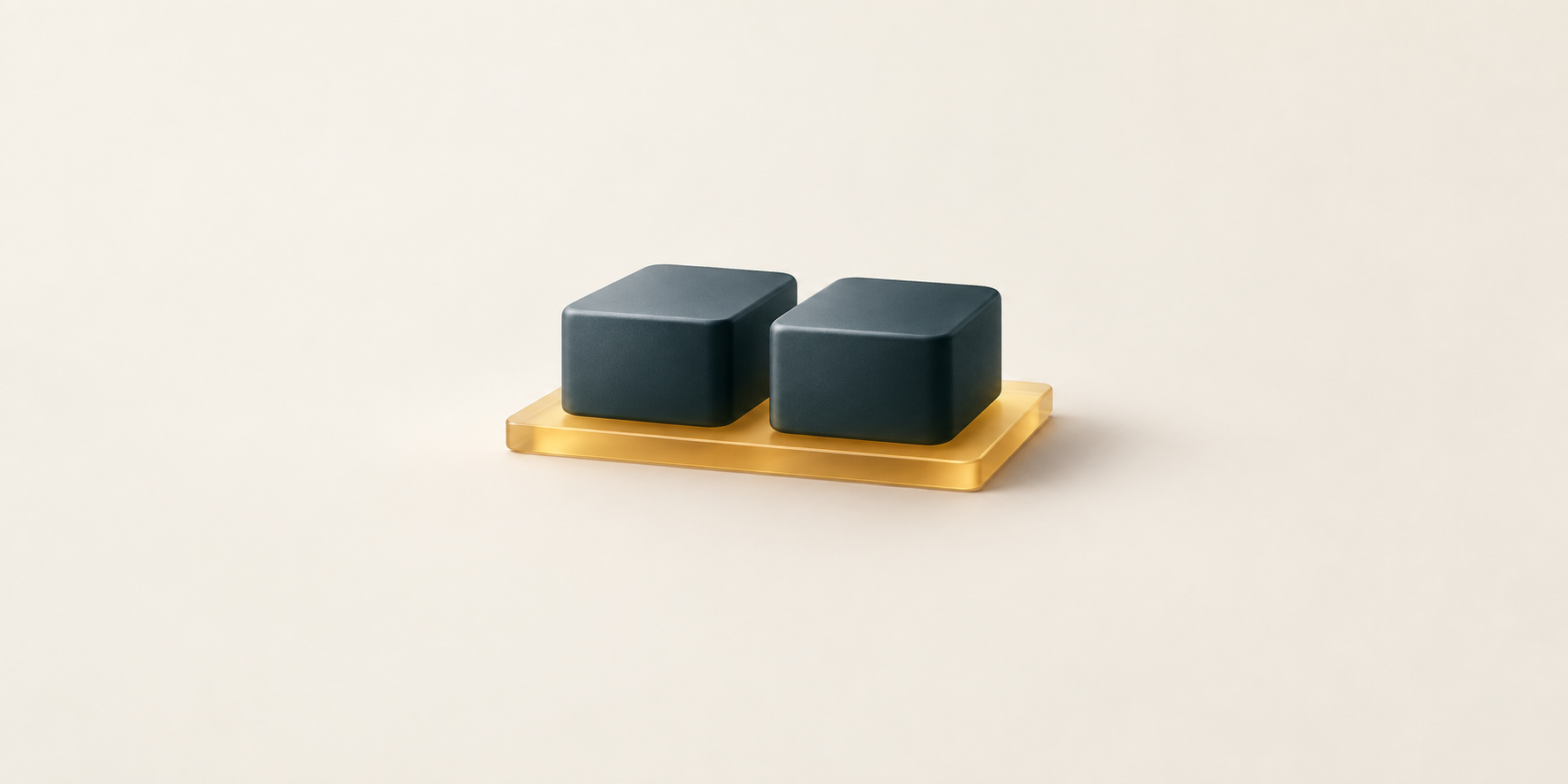 Two matte graphite processor blocks resting on a shared amber slab against a warm ivory background; a conceptual illustration of shared resources.