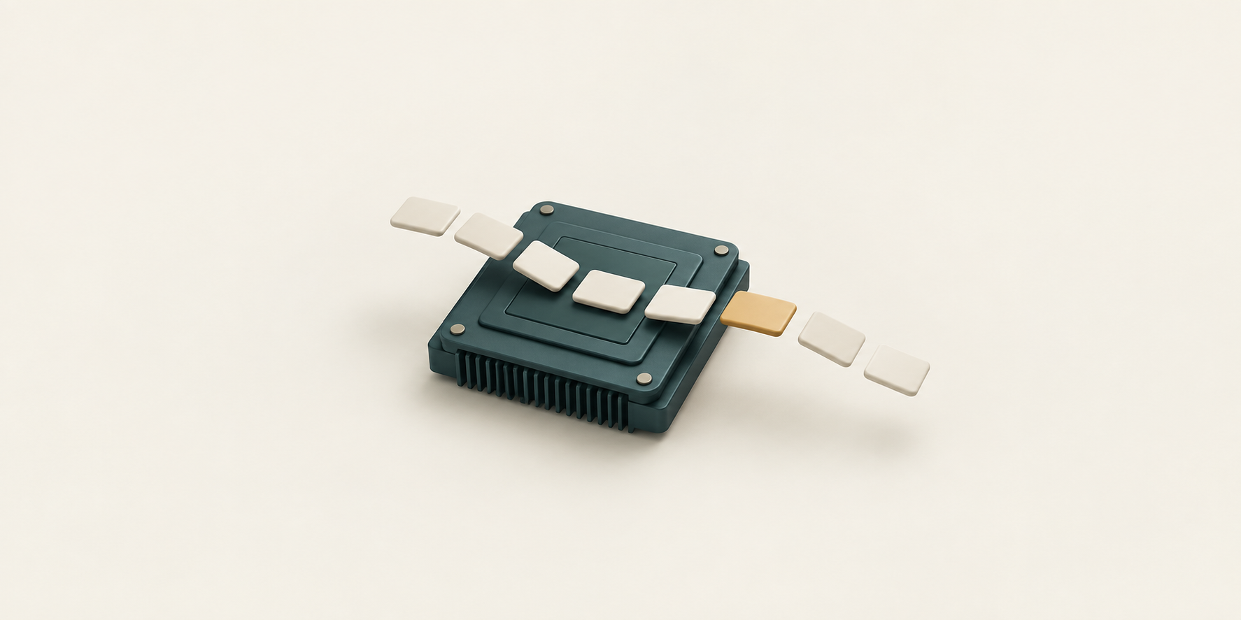 A dark graphite GPU chip with a small stream of ivory token tiles and one amber tile on a warm ivory background.