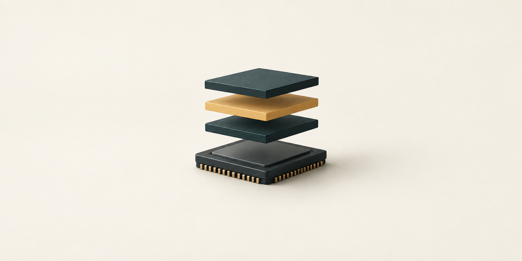 A graphite chip beneath three floating memory layers, with one muted amber layer on an ivory background.