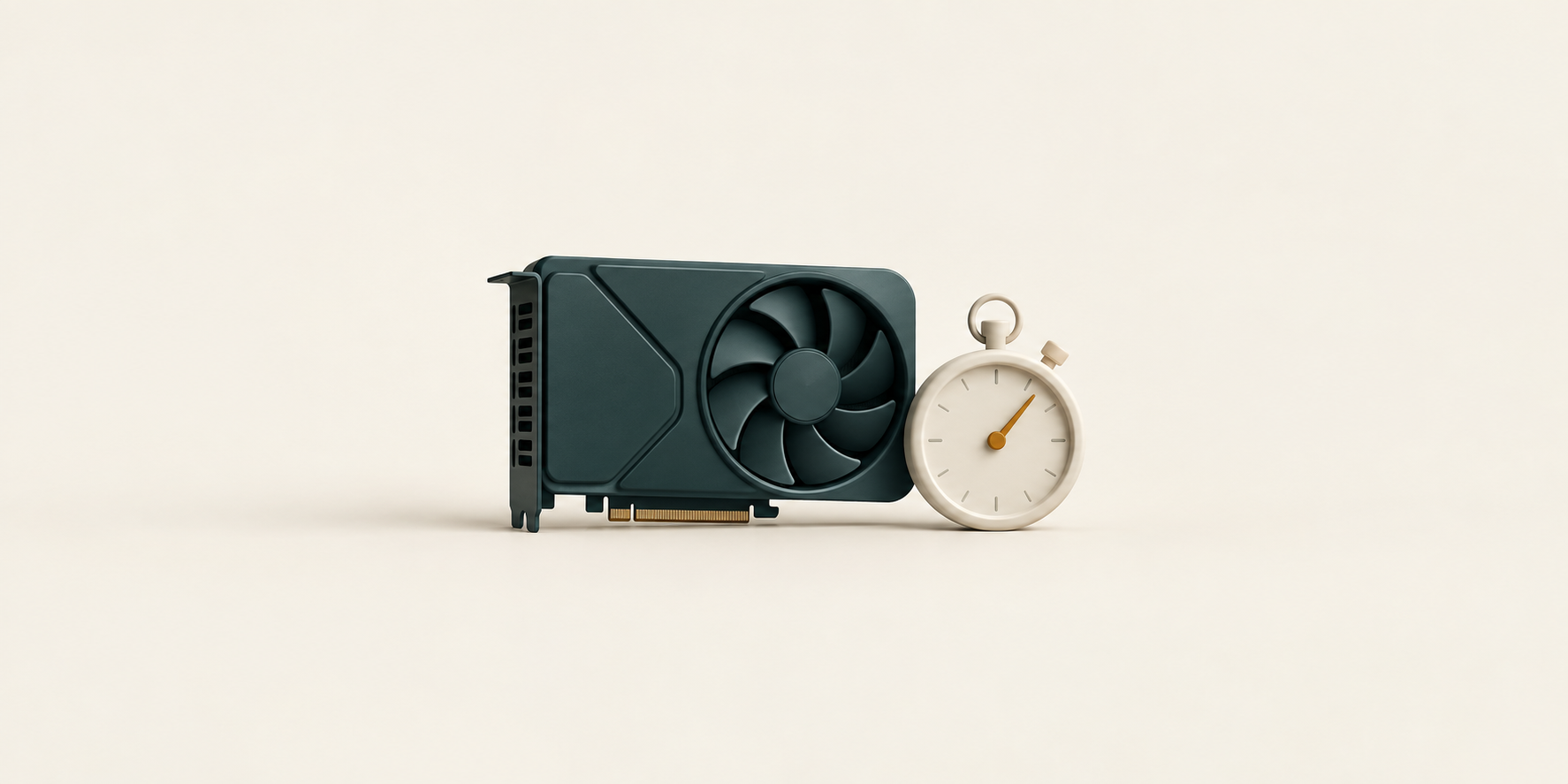 A graphite graphics card beside a small ivory stopwatch with an amber hand, arranged on a warm ivory background.