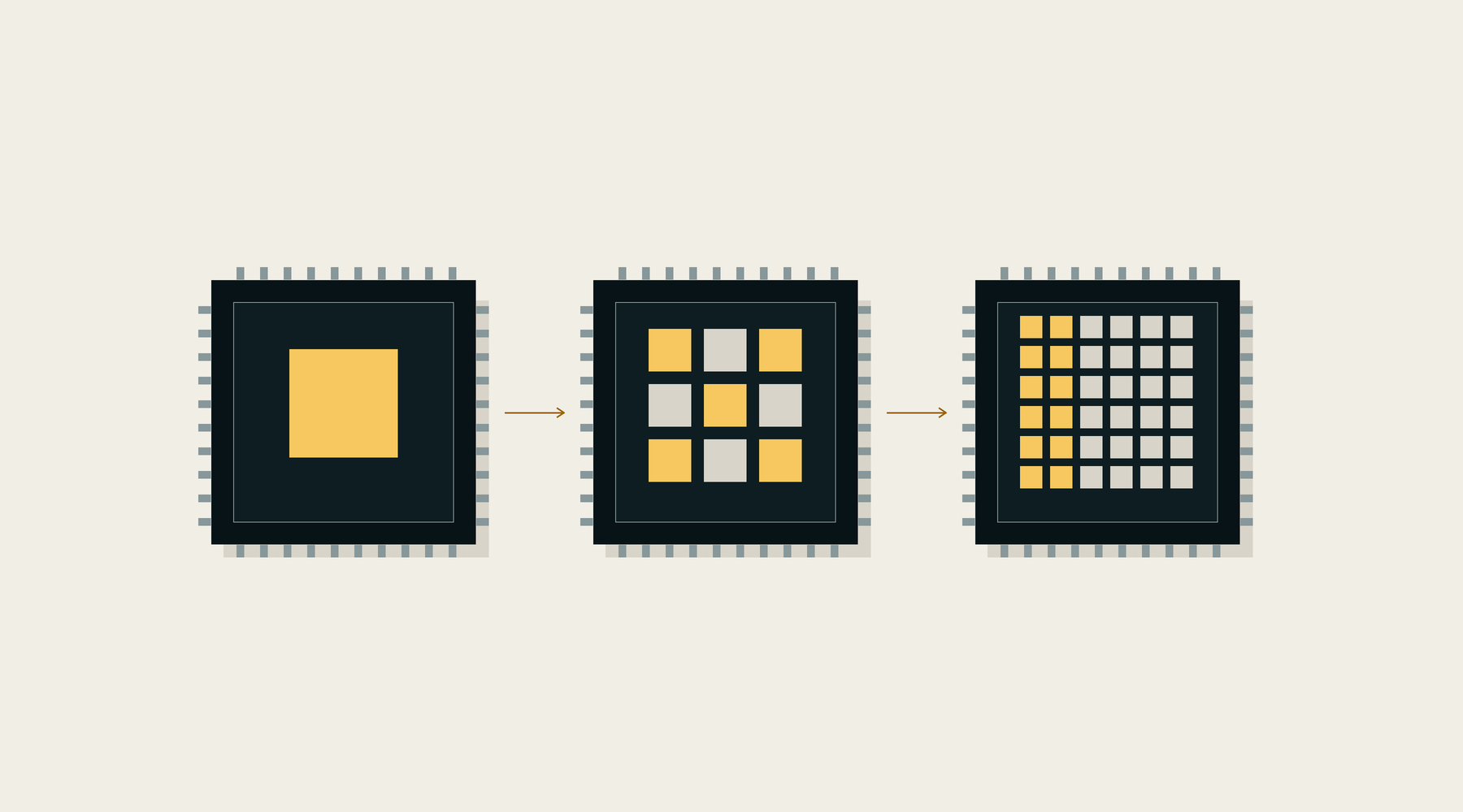 Three graphite processor motifs progress from a single amber block to an array of parallel units on a warm ivory background; a conceptual illustration of GPU evolution.