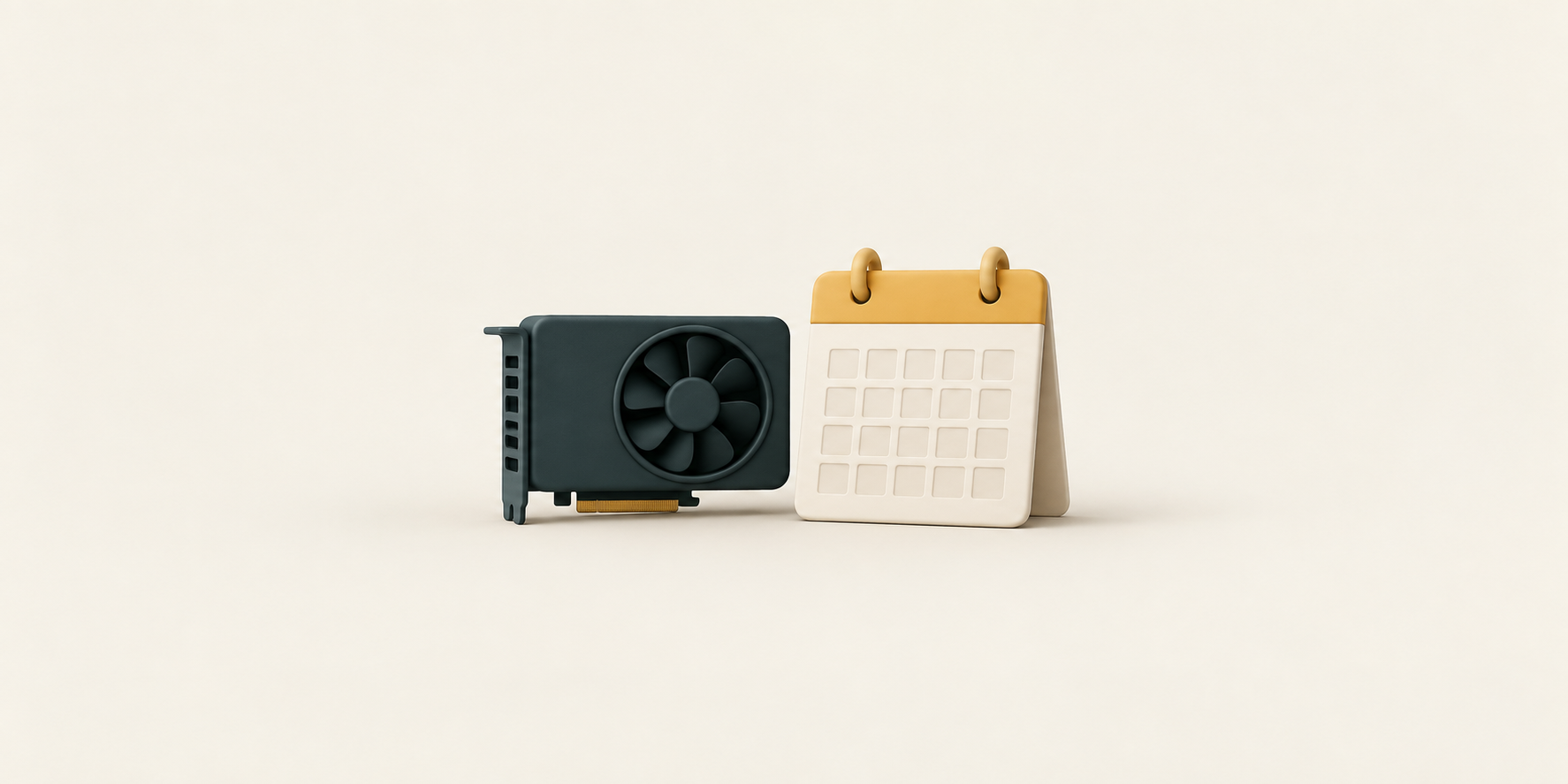 A graphite graphics card beside a small ivory calendar tile with a muted amber binding, on an uncluttered ivory background.