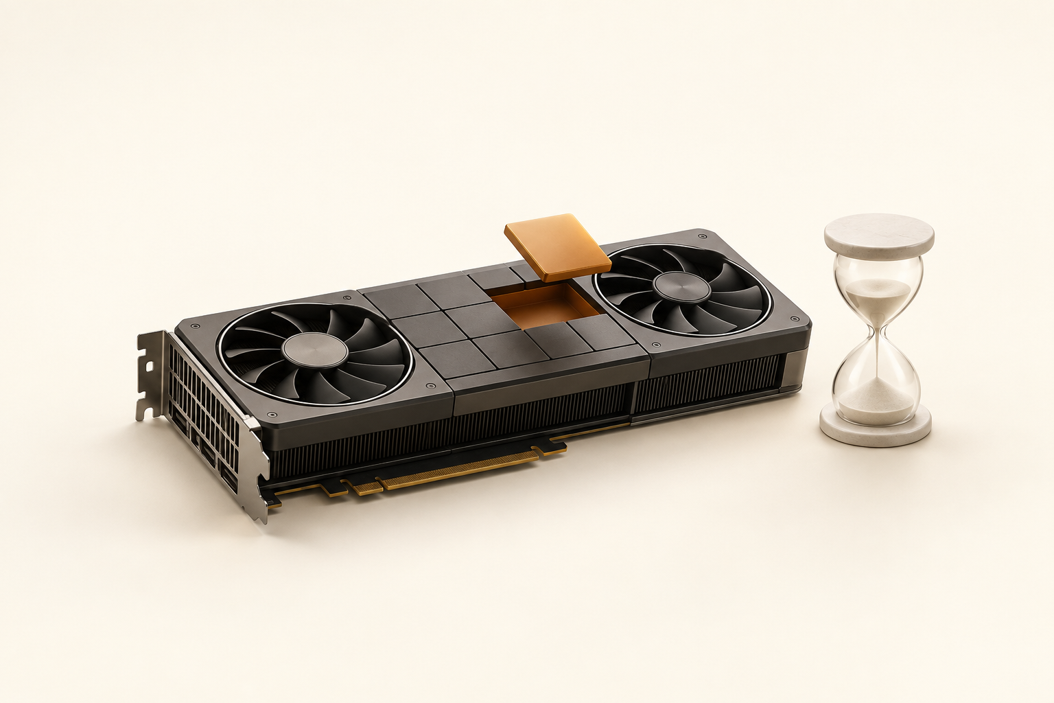 A graphite graphics card with an amber tile lifting from its surface, beside an ivory hourglass on a warm ivory background.